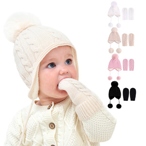 Bonnets d'hiver pour bébés <span class=keywords><strong>Bonnet</strong></span> pour garçons Filles <span class=keywords><strong>Bonnet</strong></span> en tricot Pompons Accessoires pour nouveau-nés Trucs d'oreilles chauds Ensemble de gants pour enfants - Product Image 1