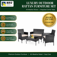 Ensemble de meubles de patio extérieur 4 pièces en rotin PE, canapé deux places, 2 fauteuils, table basse en verre noir, jardin