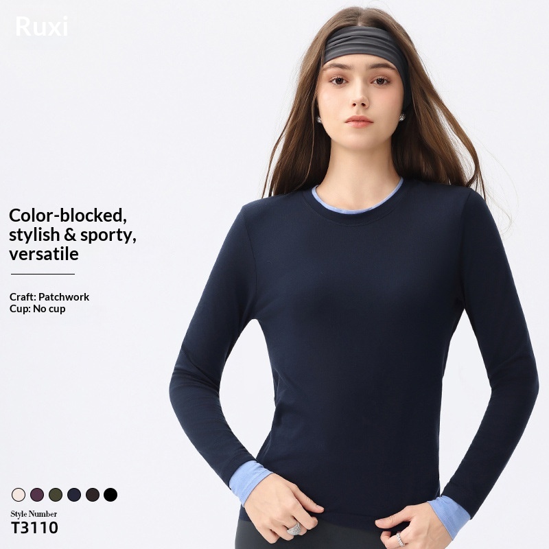 Fake Two-Piece Pleated Long-Sleeve Breathable 100% Nylon Women's Waist-Cinching Tight-Fitting Designer Base-Layer Top Yoga