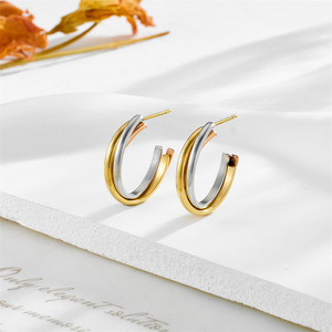 Geometric Hoop Earrings Gold Silver Two Tone Stainless Steel C Shape Fashion Jewelry For Women - Product Image 2