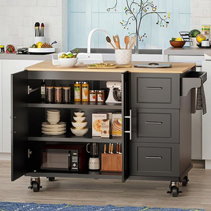 Grand chariot roulant à îlot de cuisine avec 3 tiroirs 1 armoire porte-serviettes à épices-Rangement de table de salle à manger mobile noir - Product Image 3