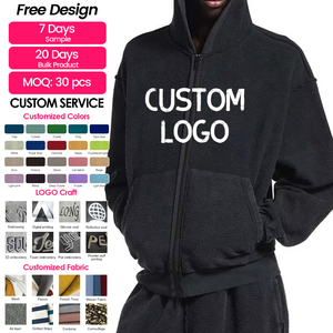 Nouvel Arrivage – Sweat à Capuche Décontracté pour Homme avec Logo Personnalisé, Fermeture Éclair, Noir Délavé, Automne-Hiver, Coton Lourd et Ample - Product Image 1