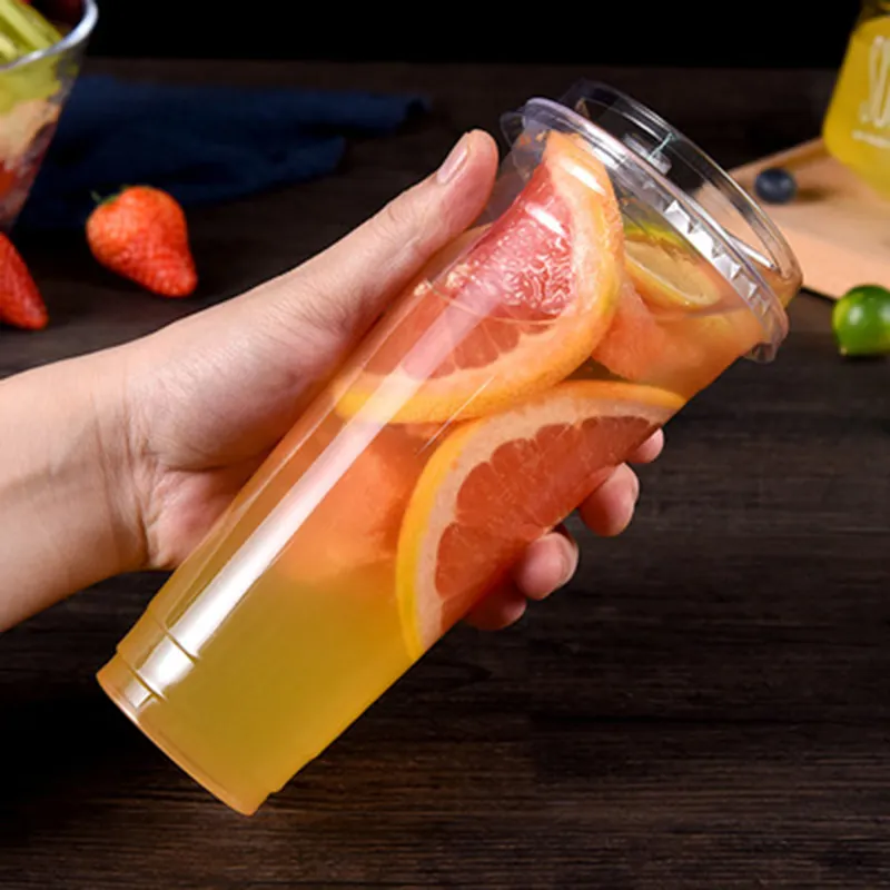 투명 주스 차가운 음료 버블 찻잔 투명 재활용 플라스틱 PET 음료 아이스크림 플라스틱 12 온스 16 온스 평평한 뚜껑이있는 컵