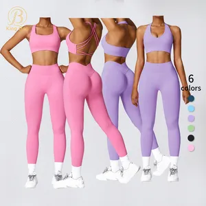 Tenue sexy Ensembles pour femmes Soutien-gorge à dos croisé Leggings froissés Yoga Gym Fitness Ensembles Seamless Sports Tennis Wear