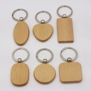 พวงกุญแจไม้พวงกุญแจรอบสี่เหลี่ยมผืนผ้ารูปร่างเปล่าไม้ Key แหวน DIY Key Holders ของขวัญ H23-17