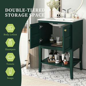 Tocador de baño DB de 24 pulgadas moderno con lavabo de cerámica superior Gabinete de almacenamiento de 2 puertas Tocador de fregadero individual para baños - Product Image 5