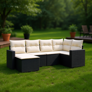 Ensemble de salon de jardin blanc crème et noir avec coussins, 6 places, mobilier d'extérieur en rotin tressé, design contemporain - Product Image 2