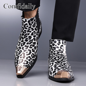 Bottines Chelsea pour homme Comfidaily à imprimé léopard, bout carré, en cuir véritable, à enfiler, tendance mode - Product Image 4