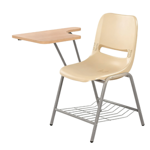 Chaise d'école avec bureau et étagère métallique, siège en plastique, structure en métal, pieds coniques, dossier solide, design contemporain pour utilisation en classe - Product Image 1