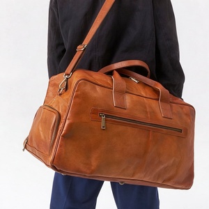 Wholesale Soft Genuine Leather Weekender <b>Bag</b> <b>Tan</b> Duffel Holdall with Zip Pockets Shoulder Strap for Travel - Product Image 1