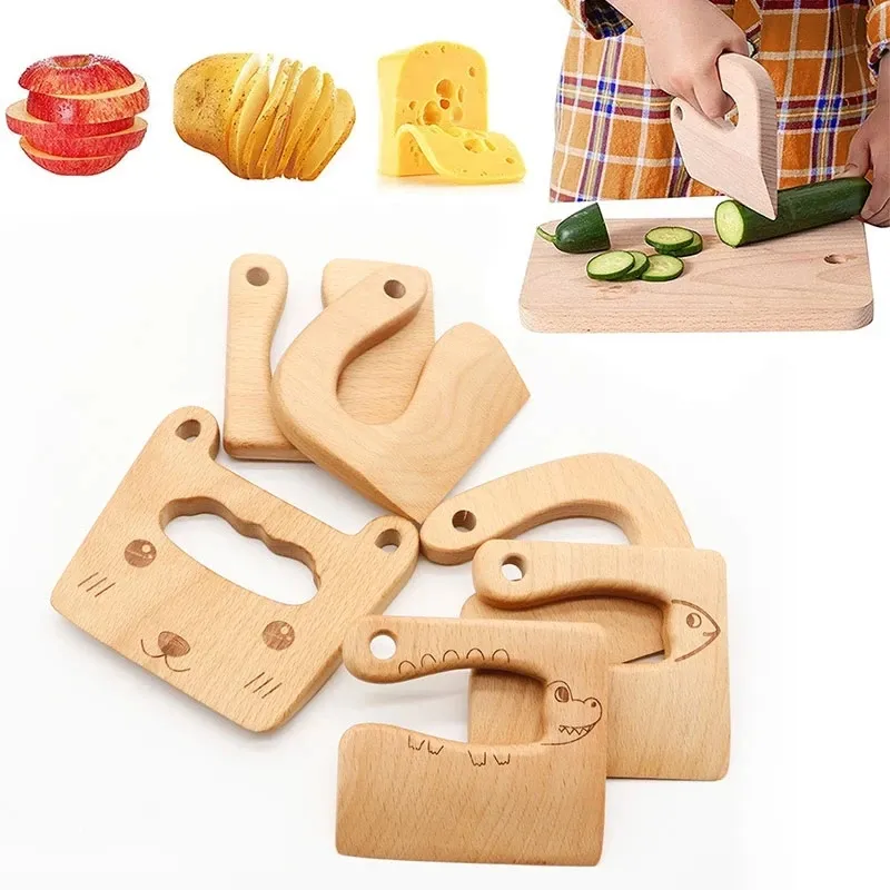 लकड़ी बच्चों चाकू खाना पकाने के लिए और सुरक्षित काटने Veggies फल प्यारा जानवर आकार बच्चों रसोई उपकरण 2-8 साल पुराने लागू