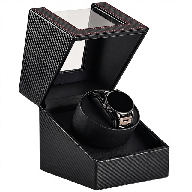Automatic Watch Winder Single Box with Quiet Operation Carbon Fiber Construction Transparent Window Watch Display Case