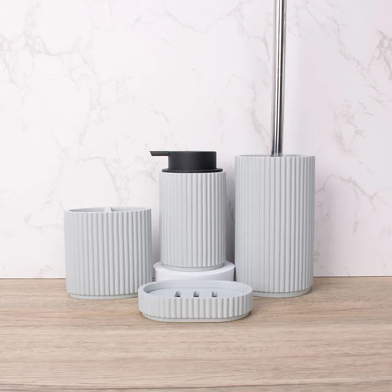 New Design Popular Modern Style Toilet Brush Set Bottle Bathroom Products Accesory 4 Pieces Gray Stripe Resin Bathroom Sets