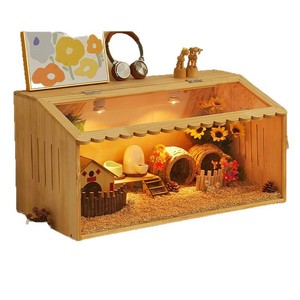 Casa de madera para hámster con iluminación y accesorios para mascotas pequeñas, color madera natural, forma rectangular, nido multifuncional para mascotas - Product Image 1