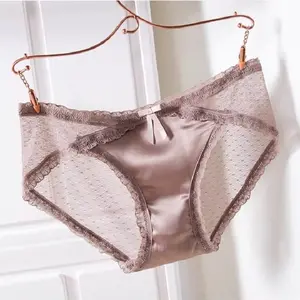 Cao Cấp Pháp Traceless Siêu Mỏng Satin Sexy Lưới Thoáng Khí Ren Đồ Lót Của Phụ Nữ Cotton Giữa Thấp Eo Briefs Panty
