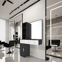 Station de travail moderne pour salon de coiffure masculin avec miroir et meuble en bois – Présentoir King pour magasin de coupe de cheveux