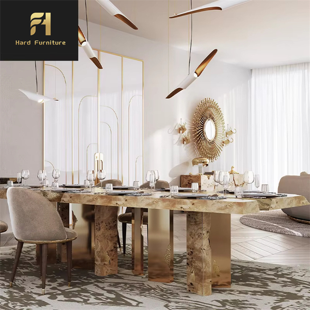 Hot Sale High Quality Luxury Large Rectangular Dining Table Gold Stainless Steel Legs Wood Dining Table
