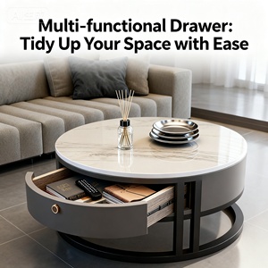 Set di Tavolini <span class=keywords><strong>da</strong></span> Caffè Rotondi Moderni con Piano in Pietra Sinterizzata, 2 Pezzi con Cassetto Portaoggetti per Piccoli Appartamenti - Product Image 6