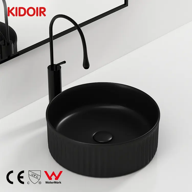 Kidoir New Matt Color Round Shape Striped Table Top Art Hand Wash Lavabo Washbasin Ceramic Countertop Basin Bathroom Vessel Sink