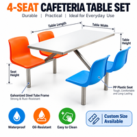 Ensemble de table de cantine intégrée en acier contemporain 4 places avec chaises en plastique colorées, mobilier de salle à manger scolaire