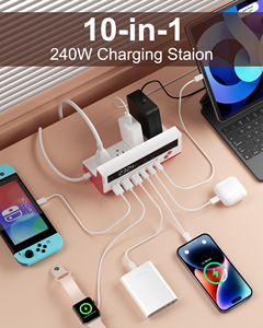 Power Strip With 4 AC Outlets 3 <b>USB</b> A 3 <b>USB</b> C Ports LED Display 1.5M Cable Pink ABS Material - Product Image 2