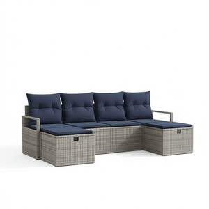 Ensemble de jardin en polyrotin gris 6 pièces avec coussins manuels, ensemble de canapés d'extérieur, style contemporain - Product Image 1