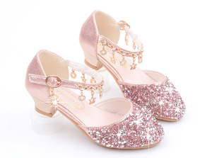 Vendita calda principessa per bambini alla moda per fiori Casual Glitter per bambini tacco alto scarpe con paillettes rosa dorato Sier - Product Image 4
