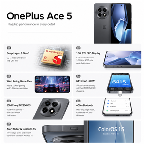 Smartphone OnePlus <span class=keywords><strong>Ace</strong></span> 5 5G d'origine, Snapdragon 8 Gen 3, batterie 6500 mAh, charge rapide 100 W, écran AMOLED 6,78 pouces 1,5 K 120 Hz, débloqué - Product Image 3