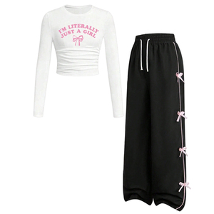 Conjunto de Ropa Casual para Niñas Adolescentes a la Moda, Camiseta de Manga Larga Estampada y Pantalones Anchos con Lazo Decorativo - Product Image 4