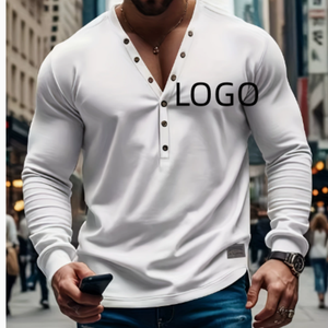 Camicia modellante da <span class=keywords><strong>uomo</strong></span> a maniche lunghe con <span class=keywords><strong>scollo</strong></span> a V e bottoni, stile americano, tinta unita, casual, per primavera/estate, 26 pezzi transfrontalieri - Product Image 1