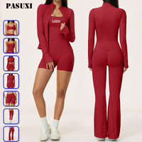 PASUXI Vente en gros Ensemble de sport sans couture 6 pièces pour femme, comprenant une veste de sport, un ensemble de yoga taille haute froncé et des vêtements de sport à manches longues, couleur unie