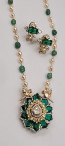 Gold Plated Moissanite <b>Necklace</b> Set from Elahe features vibrant green stones and <b>delicate</b> pearl beads Jewelry Set - Product Image 4