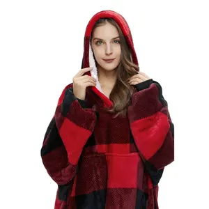 2024 gran oferta Sudadera con capucha usable manta sudadera personalizada Sherpa polar adulto cuadros de gran tamaño de alta calidad Bolsillo grande con mangas