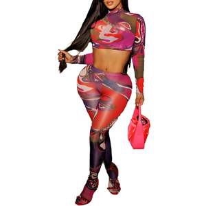Ensemble deux pièces sexy personnalisé 2026 pour femme, haut court à manches longues en maille imprimée, pantalon moulant, tenue de club, col montant, translucide - Product Image 3