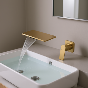 Grifo de Lavabo de Diseño Cascada, Monomando, de Latón Dorado, para Montaje en Encimera - Product Image 2