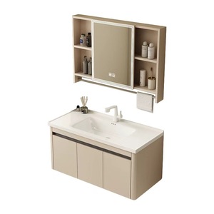 Wholesale Modern Luxury Cream Grey Wood Lacquer Bathroom Vanity Sets with Ceramic Basin Smart Mirror Wall-Mounted - Product Image 3