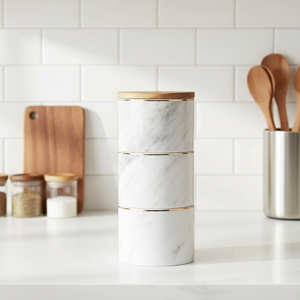 Bocaux de rangement pour aliments en marbre au design moderne, 3 pièces, pour café, thé, <span class=keywords><strong>sucre</strong></span>, avec couvercle hermétique en bambou - Product Image 1