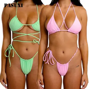 PASUXI Hot Selling 2024 Fashion Two Piece Pure Color Swimsuit High Waist Bikini Sexy Swimwear