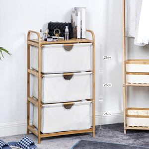 Bamboo <b>Storage</b> Cart With <b>3</b> Fabric <b>Bins</b> 4 Tier Freestanding Organizer For Bathroom Bedroom Living Room - Product Image 2