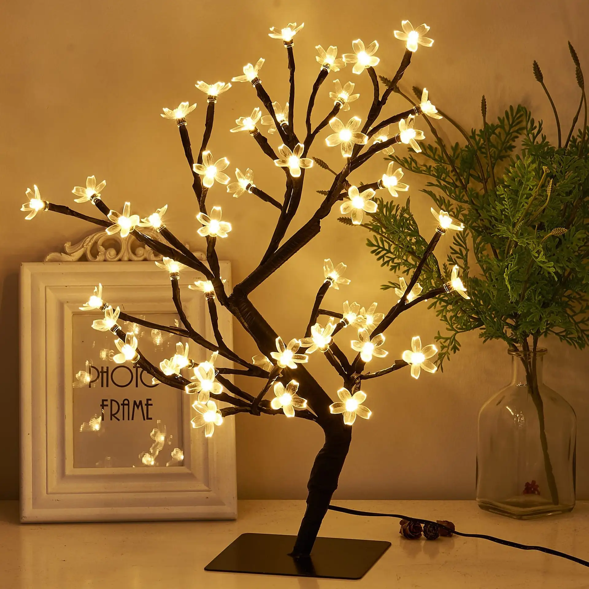 48 LED 벚꽃 조명 나무, 인공 꽃 분재 나무 테이블 탑 램프 홈 센터피스 크리스마스 선물 장식