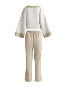 Ensemble deux pièces beige patchwork col en V, chemisier jacquard à manches kimono et pantalon large, 100 % polyester, vêtements islamiques élégants - Product Image 6