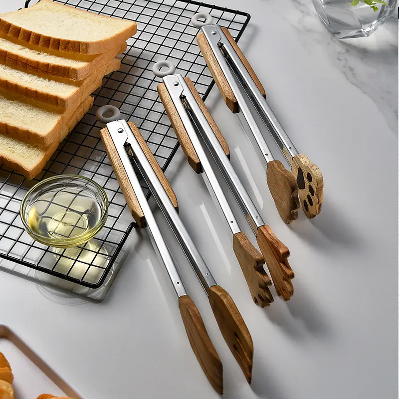 PUSELIFE Eco-friendly Kitchen food bread pickles magnetic Acacia Wood wooden toaster tongs with magnet