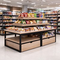 Présentoir à 3 niveaux avec tiroirs de rangement, style îlot en bois, pour supermarché et magasin de détail