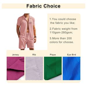 High Quality Cotton Spandex Elastic Anti-Wrinkle <b>Cuban</b> Collar <b>Shirt</b> Elastic Waist Running Shorts Set <b>Men's</b> Shorts and <b>Shirt</b> Set - Product Image 2