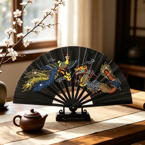 Abanico Plegable Negro Pintado con Patrón Tradicional de Dragón y Fénix, Símbolo Chino de la Suerte, Recuerdo de Boda, Decoración de Pared para Salón de Té, Artes Marciales - Product Image 6