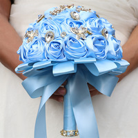 Buket pengantin pribadi 19cm biru langit untuk pernikahan seperti pengantin wanita bunga pita sutra buatan kristal pengiring pengantin