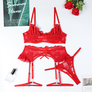 Venda quente Bordado Malha Ver Através Bra e Tanga Set Sexy Roupa Interior Erótica Set com Garter <span class=keywords><strong>Belt</strong></span> - Product Image 6
