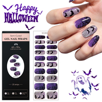 Bandes d'ongles en gel semi-durcies OEM personnalisées non toxiques, 20 embouts, motifs Halloween chauve-souris, chat noir, paillettes violettes, pour la vente en gros