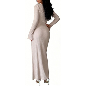 <span class=keywords><strong>Vestido</strong></span> Maxi Ajustado <span class=keywords><strong>de</strong></span> Mujer con Textura Acanalada - Elegante <span class=keywords><strong>Vestido</strong></span> Largo con Mangas Largas, Abertura Lateral y Detalle <span class=keywords><strong>de</strong></span> Nudo, Moda Sehe - Product Image 3