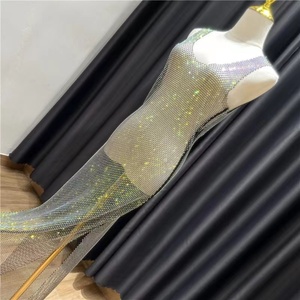 Jupes extensibles à manches longues en strass Jupe transparente Résille à strass Couverture col en V <span class=keywords><strong>Robe</strong></span> longue en cristal pour la fête - Product Image 4